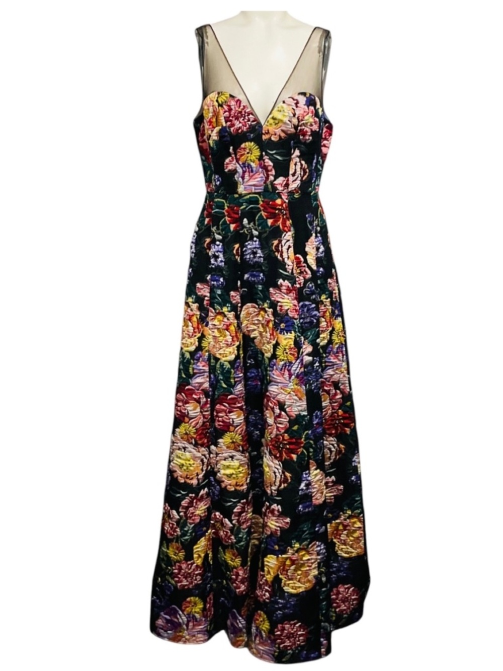 MARCHESA NOTTE BLACK MULTI FLORAL JACQUARD FORMAL DRESS / EVENING GOWN